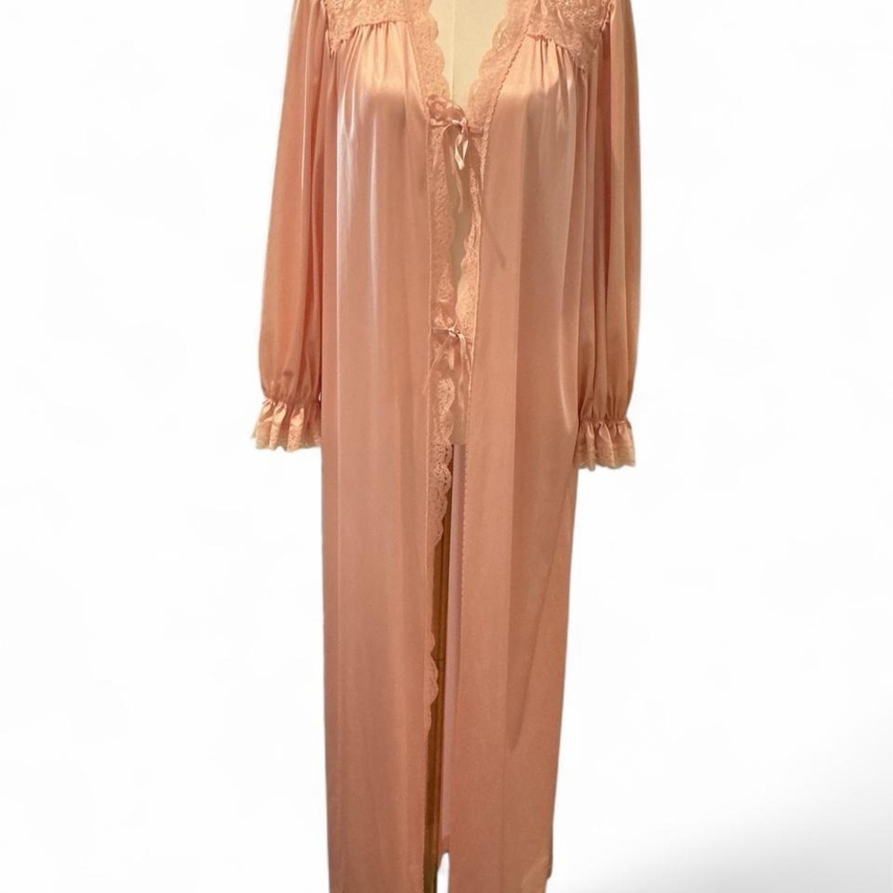 Vintage Vanity Fair Robe Women Large Pink Excellent Lace Trim Long Sleeve Antron